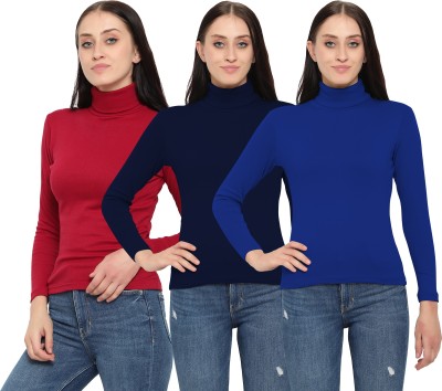 MYO Solid Women Turtle Neck Blue, Dark Blue, Maroon T-Shirt