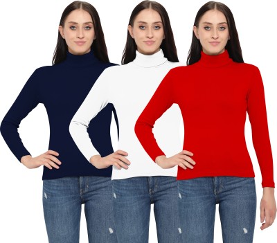 MYO Solid Women Turtle Neck Dark Blue, White, Red T-Shirt