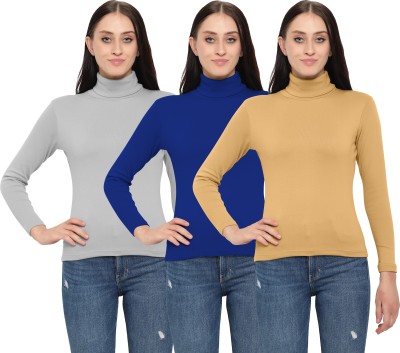 FASHA Solid Women Turtle Neck Beige, Grey, Blue T-Shirt