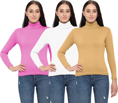 FASHA Solid Women Turtle Neck Pink, Beige, White T-Shirt