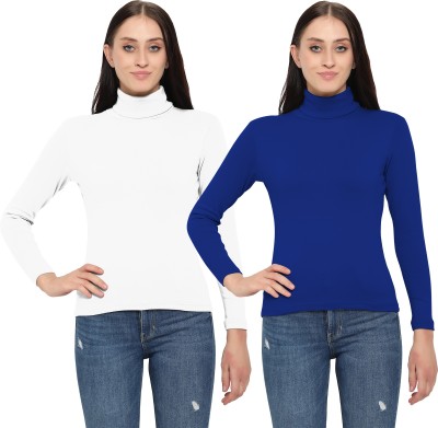 DIAZ Solid Women Turtle Neck Dark Blue T-Shirt