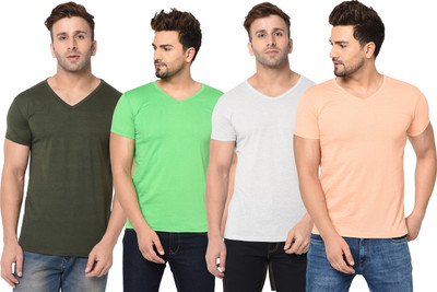 Jangoboy Solid Men V Neck Multicolor T-Shirt