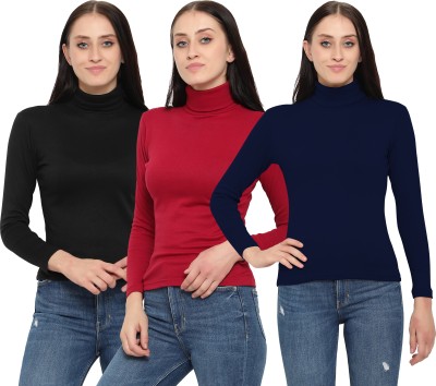 MYO Solid Women Turtle Neck Black, Dark Blue, Maroon T-Shirt