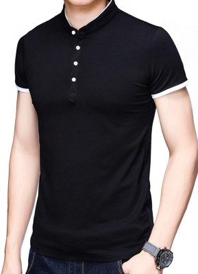 Six Star Solid Men Mandarin Collar Black T-Shirt