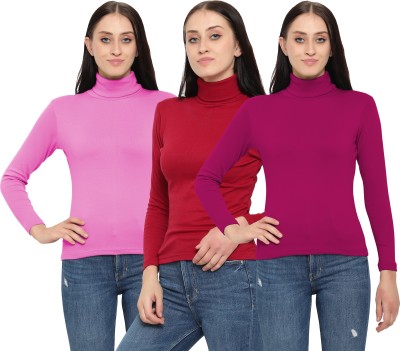 DIAZ Solid Women Turtle Neck Maroon, Pink, Purple T-Shirt