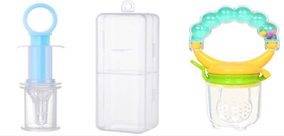TINNY TOTS Premium Quality Baby Pacifier Food Feeder Silicone Fresh Fruit Nibbler Feeding Safe Kids Supplies Nipple Pacifier BPA-Free Musical Vegetable Rattle Soother With Blue Baby Multipurpose Feeding Medicine Dropper Feeder Teether 20ML With Transparent Protective Cum Travel Case(BLUE) Teether an