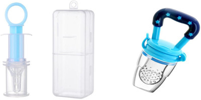 TINNY TOTS Premium Quality Baby Pacifier Food Feeder Silicone Fresh Fruit Nibbler Feeding Safe Kids Supplies Nipple Pacifier BPA-Free Star Print Vegetable Rattle Soother With Baby Multipurpose Feeding Medicine Dropper Feeder Teether 20ML With Transparent Protective Cum Travel Case(BLUE) Teether and 