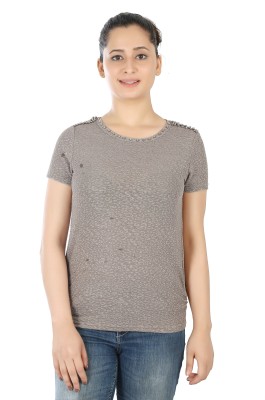 FIREAGE Casual Half Sleeve Embellished Women Grey Top