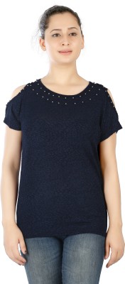 FIREAGE Casual Half Sleeve Embellished Women Blue Top