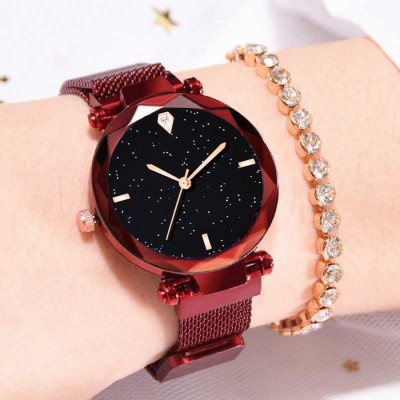Trex 4-diamond Minimalist Black Dial Rose Gold Strap Analog Watch Magnet Strap Braclete Type Analog Watch  - For Girls