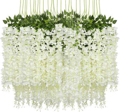Novelty Enterprises NF 001/White/Wisteria Artificial Leaves White Wisteria Flower Fake Vine Hanging Plant Artificial Vine Plant Garland Green Leaves For Home Office Garden Wedding Wall Decor White Westeria Artificial Flower ( Pack of 6) White Westeria Artificial Flower(42 inch, Pack of 6, Garlands)