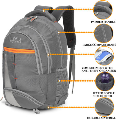 Flycraft simna.1555/3 grey orange spacy comfortable 4th to 10th class casual school bags Waterproof School Bag(Grey, Orange, 30 L)