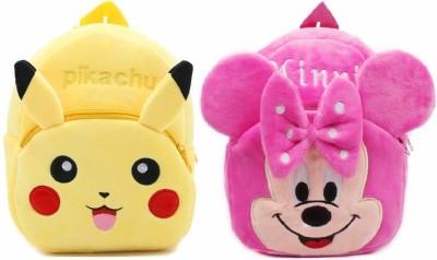 AutoBurn Combo of Kids School Pikachu/Pink Minnie Fabric Cartoons Soft Plush Bag For Kids Plush Bag(Yellow, Pink, 11 L)