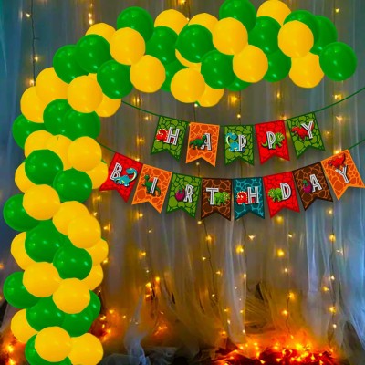 Party Propz Dinosaur Theme Birthday Decoration - Little Dinosaur Birthday Decoration Set 76Pcs Banner, Balloon With Led Fairy Light for Kids Birthday Decorations Kit, Baby Shower(Set of 76)