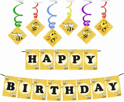 Balloonistics Honey Bee Bumble Bee Theme Happy Birthday Banner and Swirls Combo Kids Banner Hanging for Birthday Decoration Photo Shoot Backdrop and Theme Party (1 Nos Banner and 6 Swirls)