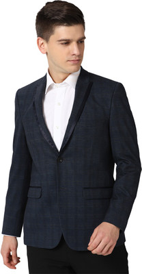 PETER ENGLAND Checkered Single Breasted Formal Men Blazer(Dark Blue)