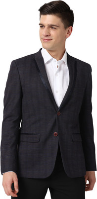 PETER ENGLAND Checkered Single Breasted Formal Men Blazer(Dark Blue)