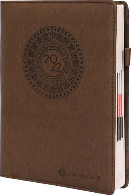 Jhingalala 2022 PU Finish Leather Diary Notebook with Pen Holder Regular Diary Ruled 365 Pages(Brown)