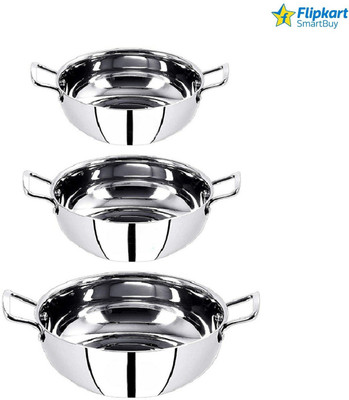 Flipkart SmartBuy Stainless Steel Serving Bowl 3 Pic Stainless Steel Deep Frying 22 Gauge Heavy Induction And gas Stove Suitable Bottom Friendly Kadai Cookware Utensils Set with Handle -Set of 3 Pieces, Silver- Heavy Induction And gas Stove Suitable Bottom Hammered Cookware, Kitchen Kadhai for Cooki