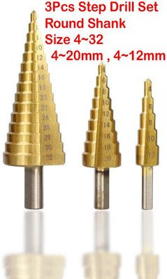 Mass Pro Round Shank 3Pcs HSS Step Drill Bit Set Titanium Coated Cone Metal Step Drill Bits Set 4~12mm 4~20mm 4~32mm RT Pro