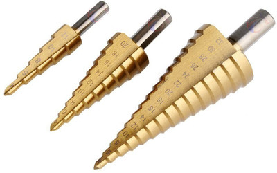 Mass Pro 3Pc HSS Step Drill Bit Set Titanium Coated Cone Metal Step Drill Bits Set 4~12mm 4~20mm 4~32mm Round Shank