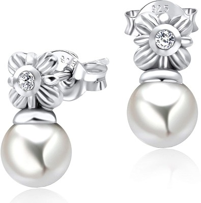 Via Mazzini 92.5-925 Sterling Silver Pearl Crystal Flower Stud Earrings for Women And Girls Pure Silver (ER0193) Crystal, Pearl Sterling Silver Stud Earring