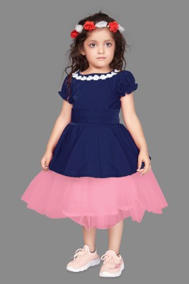 Mirrow Trade Girls Midi/Knee Length Party Dress(Dark Blue, Short Sleeve)