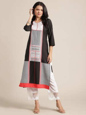 Ksut Women Geometric Print Straight Kurta(Black)