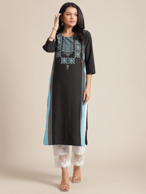 Ksut Women Geometric Print Straight Kurta(Black)