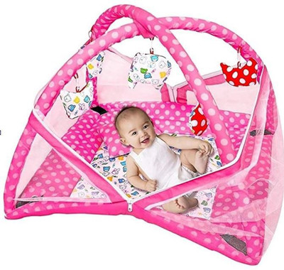 HARSHIKA ENTERPRISES Baby Bedding Set with Play Gym with Mosquito Net and Hanging Toys for Baby Boy's & Baby Girl's Polyester Washable Kids Mosquito Net(Pink, Tent)