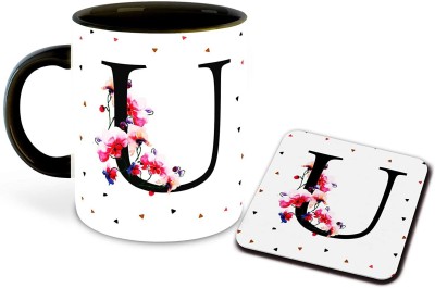 Sublikraft Letter U Name Initial Alphabet Inspiration Printed Black Inner Ceramic Coffee with Coaster- Birthday | Anniversary | Best Gift | Hobby Ceramic Coffee Mug(330 ml, Pack of 2)