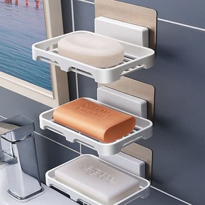 Qrex Pack Of 3 Pcs ABS Plastic Multipurpose Home Kitchen Bathroom Accessories Wall Mounted Self-Adhesive Waterproof No Drilling Soap Box Stand Storage Holder Shower Caddy with Strong Adhesive Magic Sticker (3 Soap Dish,WhiteColour) Plastic Wall Shelf(Number of Shelves - 3, White)