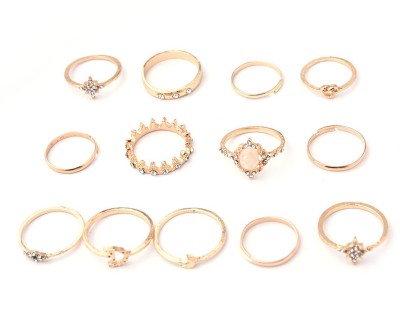 Vembley Fancy Gold Plated 7 Pcs White Crystal Eye Moon Star Crown Multi Designs Ring Set Alloy Gold Plated Ring Set