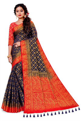 COSBILA FASHION Woven Banarasi Cotton Silk Saree(Red, Blue)