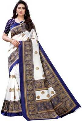 Suali Floral Print Bollywood Art Silk Saree(Dark Blue, White)