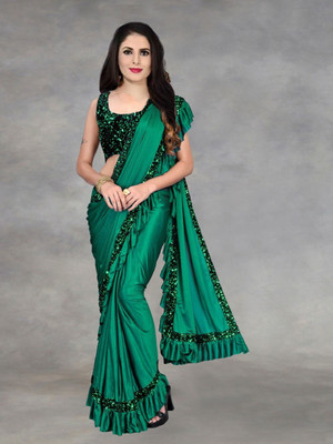 fem hub Self Design Bollywood Lycra Blend Saree(Green)