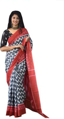 GK FASHION Printed Ikkat Pure Cotton Saree(Grey)