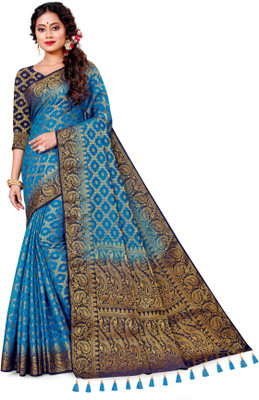 COSBILA FASHION Woven Banarasi Cotton Silk Saree(Blue)