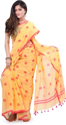 Desh Bidesh Polka Print Daily Wear Pure Cotton Saree(Yellow)