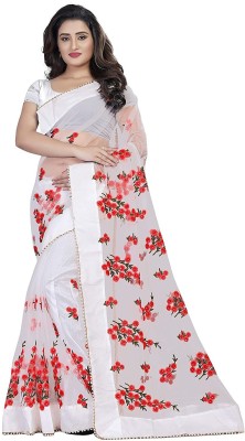 Hetvi Fashion Embroidered Bollywood Cotton Blend, Net Saree(White)