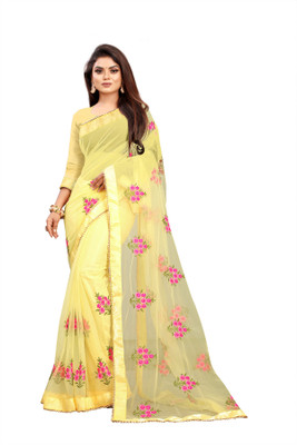JANVI CREATION Self Design, Printed, Embroidered, Solid/Plain Bollywood Net Saree(Yellow)
