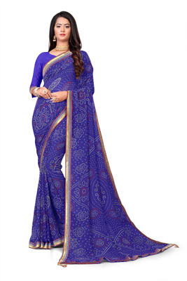 TINA FASHION Printed Bandhani Georgette Saree(Blue)