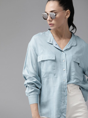 Roadster Women Solid Casual Blue Shirt