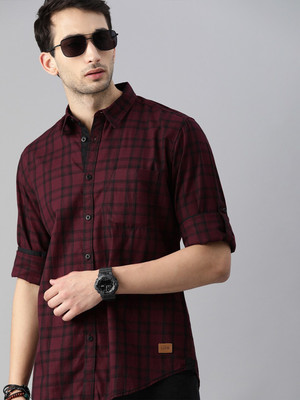 Roadster Men Checkered Casual Maroon Shirt