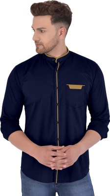 P & V Creations Men Solid Festive Dark Blue Shirt