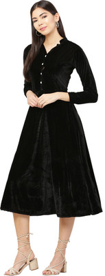 AASHA TEXTILES Women Fit and Flare Black Midi/Calf Length Dress