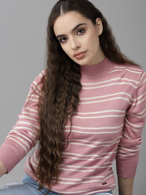 Roadster Striped High Neck Casual Women Pink, White Sweater