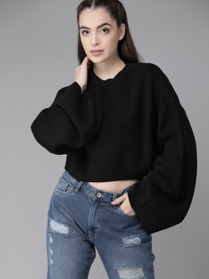 Roadster Woven Round Neck Casual Women Black Sweater