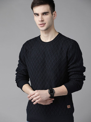 Roadster Self Design Round Neck Casual Men Black Sweater