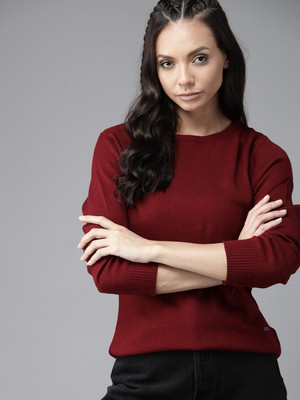 Roadster Solid Round Neck Casual Women Maroon Sweater